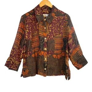 Whimsigoth Button Front Blouse Size XL Beaded Sheer Abstract Boho Earthy Artsy